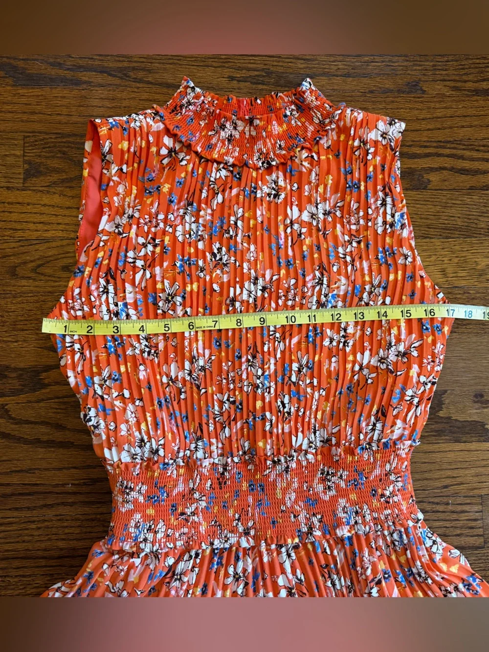 Nanette Lepore Orange Floral A-Line High Neck Pleated Smocked Lined Dress 10
